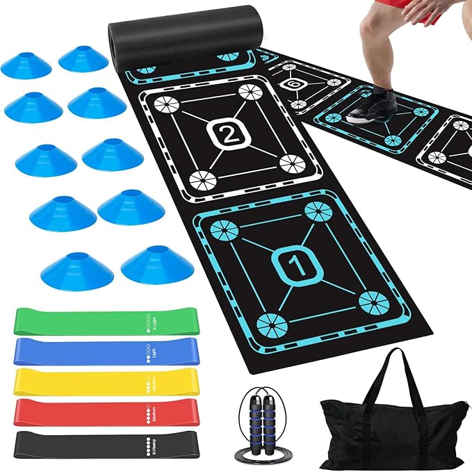 Agility Ladder Speed Training Equipment Set-15ft Non-Slip Agility Training Ladder, 10 Disc Cones, 5 Resistance Bands, Jump Rope, Rubber Ladder Mat for Soccer Footwork Drills Fitness Workouts-StrideForce Fitness