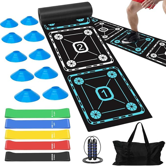 Agility Ladder Speed Training Equipment Set-15ft Non-Slip Agility Training Ladder, 10 Disc Cones, 5 Resistance Bands, Jump Rope, Rubber Ladder Mat for Soccer Footwork Drills Fitness Workouts-StrideForce Fitness