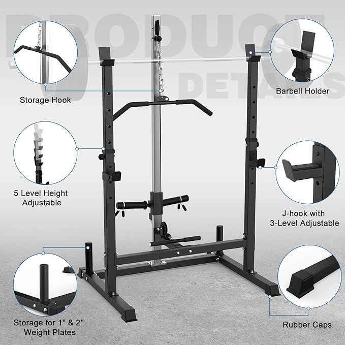 Power Rack with LAT Pulldown Pulley System Adjustable Multi-Functional Squat Rack, Power Cage with J-Hooks Home Gym-StrideForce Fitness