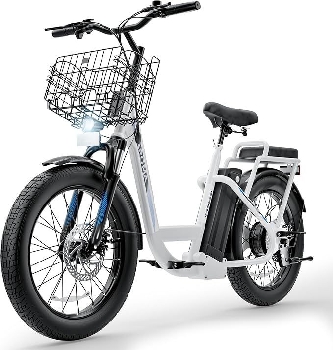 Caroma Electric Scooter with Seat, 48V Removable Battery E-Bike, Up to 30Miles&20MPH, 500/800/1200W Motor, 20" Fat Tire Adult Electric Bicycles for Commuting with Basket-StrideForce Fitness