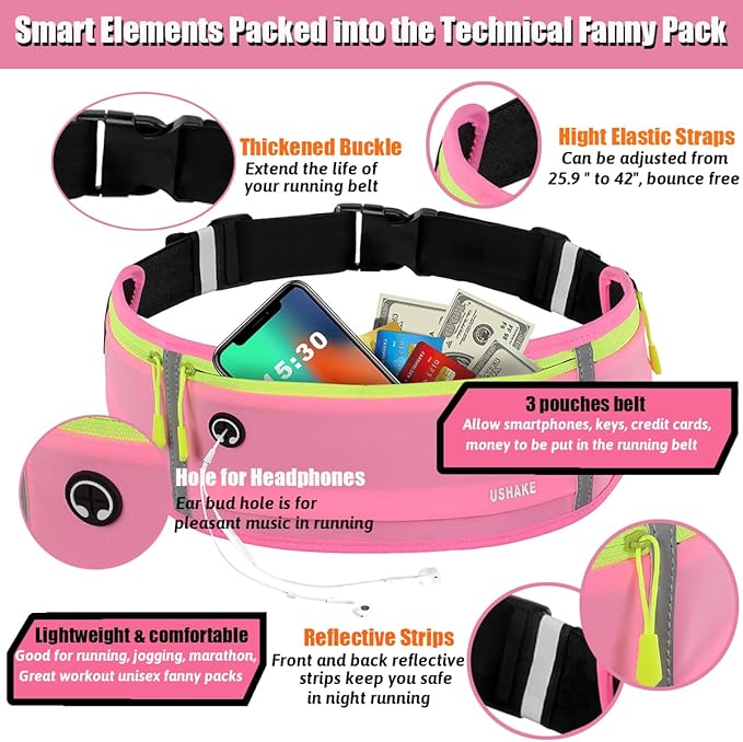 USHAKE Slim Running Belt, Workout Fanny Pack for Men Women,Exercise Waist Pack for Apple iPhone Holder, Runner Belt for Running Walking Cycling Camping Gym-StrideForce Fitness