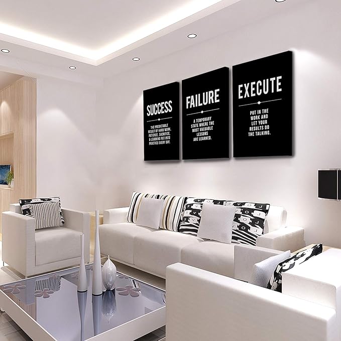 Framed Canvas Wall Art Success Quote, Office Wall Art, Black Large Poster, Positive Motivational Set of 3 Prints, Execute Failure Definition, Inspirational Print (A-3pcs,24x36inchx3pcs)-StrideForce Fitness