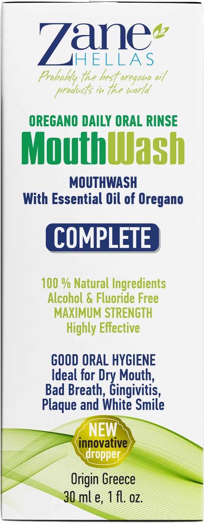 Zane Hellas MouthWash. Oral Rinse with Oregano Oil Power. Ideal for Gingivitis, Plaque, Dry Mouth, and Bad Breath. Alcohol and Fluoride Free. 100% Herbal Solution. 1 fl.oz.-30ml.