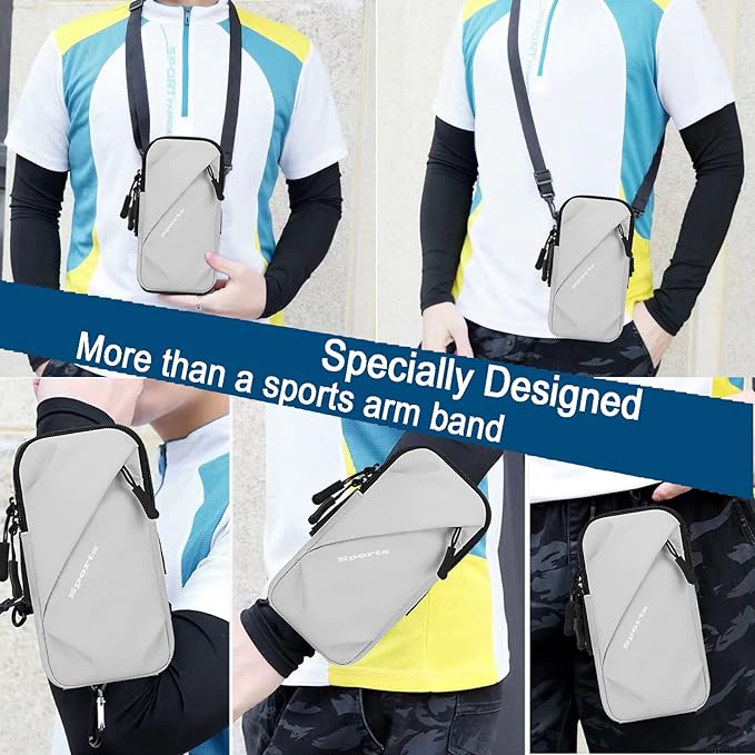 Phone Holder Arm Bands, Small Crossbody Shoulder Holsters Bag with Arm Band, Fits iPhone and All Cell Phones, Use for Running, Walking, Hiking & Biking (Plus Size,Grayish White)-StrideForce Fitness