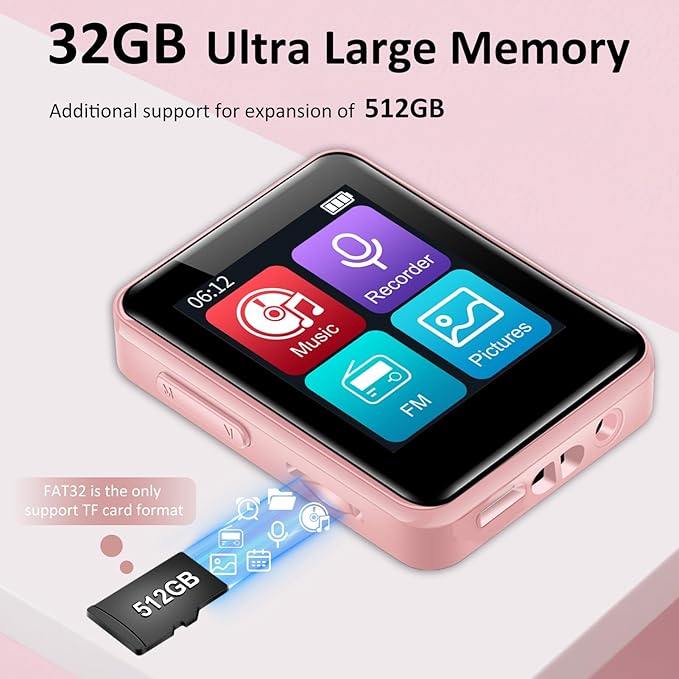 MP3 Player with Bluetooth, 32GB Portable Bluetooth MP3 Player for Kids, 1.8 inch Music Player with Speaker, FM Radio, Voice Recorder, Supports Expanded Up to 512GB(Pink)-StrideForce Fitness