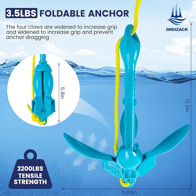 Dreizack Kayak Anchor Kit, 3.5 lb Folding Grapnel Boat Anchor Trolley Accessories with 40ft Rope and PVC Buoy for Fishing Kayaks SUP Paddle Boards Canoes Jet Ski PWC Inflatable Small Boats-StrideForce Fitness
