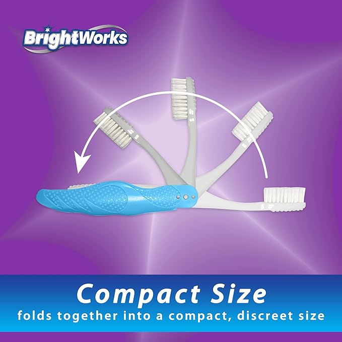 BrightWorks Folding Travel Toothbrush (6 Total, 3 Sets of 2) with Built-in Cover. Portable with Soft Bristles and Tongue Cleaner. for Camping, Hiking, Travel, Work, Gym, Purse, Backpack.