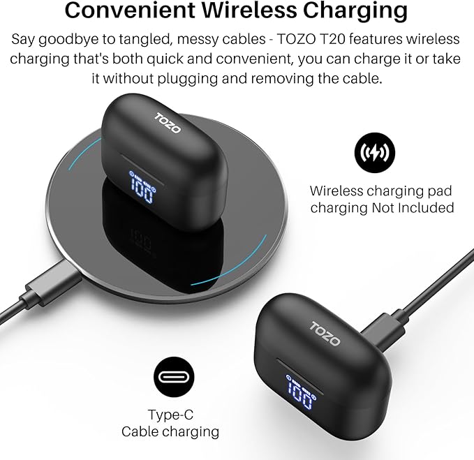 TOZO T20 Wireless Earbuds Bluetooth Headphones 48.5 Hrs Playtime with LED Digital Display, IPX8 Waterproof, Dual Mic Call Noise Cancelling 10mm Broad Range Speakers, 2025 Version-StrideForce Fitness