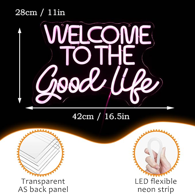 Welcome To The Good Life Neon Sign Letter LED Neon Lights Dimmable USB Powered 16.5’’X11’’Cool Wall Decorative Light Bedroom Kids Room Birthday Party Bar Decoration Gifts for Friend（Pink）-StrideForce Fitness