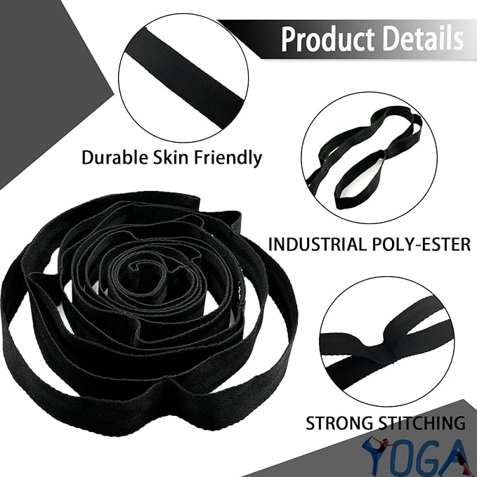 Stretching Strap Yoga Strap with Loops, Stretch Straps for Physical Therapy, Non-Elastic Exercise Strap for Pilates, Dance and Gymnastics with Workout Guide-StrideForce Fitness