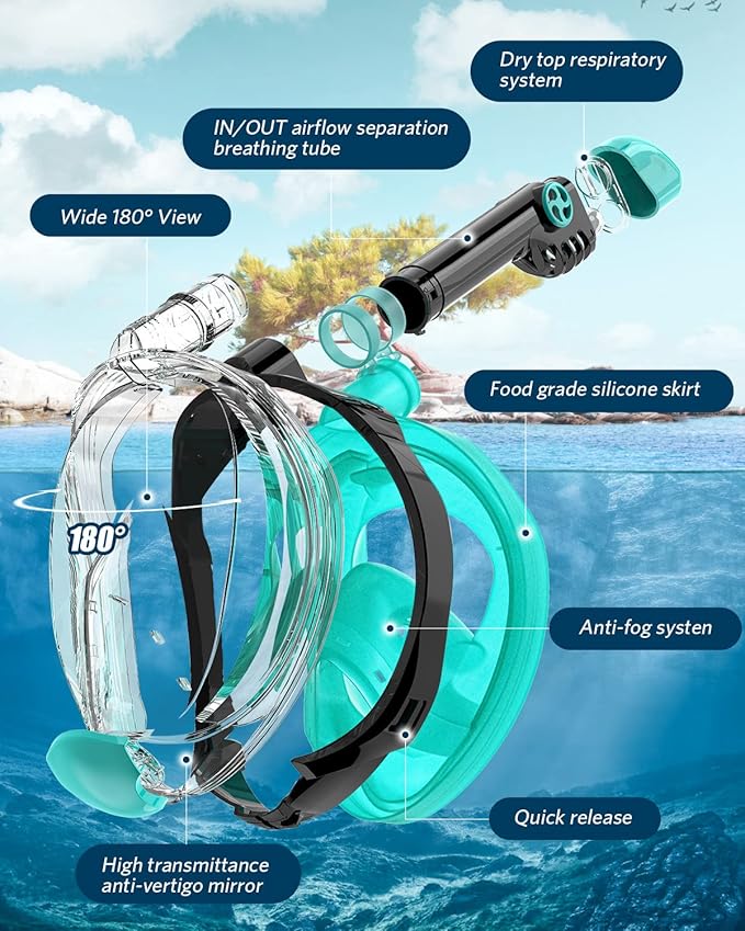 QingSong Full Face Snorkel Mask for Adults, Snorkeling Gear with Camera Mount, 180 Degree Panoramic View Snorkel Set Anti-Fog Anti-Leak-StrideForce Fitness
