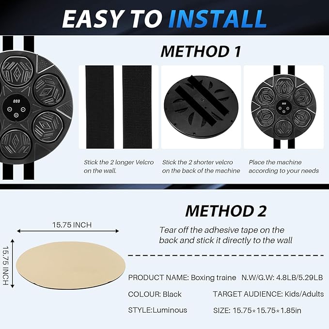 Music Boxing Machine, Bluetooth Music Punching Machine with Gloves, Electronic LED Boxing Training Equipment Wall Mounted, 9 Modes & 9 Speeds, Boxing Target for Home, Office, Gym-StrideForce Fitness