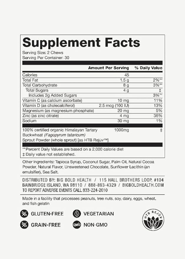 BIG BOLD HEALTH HTB Immune Energy Chews, Organic Sprouted Buckwheat with Vitamin D, Vitamin C, Zinc and Magnesium. Flavored with Delicious Real Cocoa Powder.-StrideForce Fitness