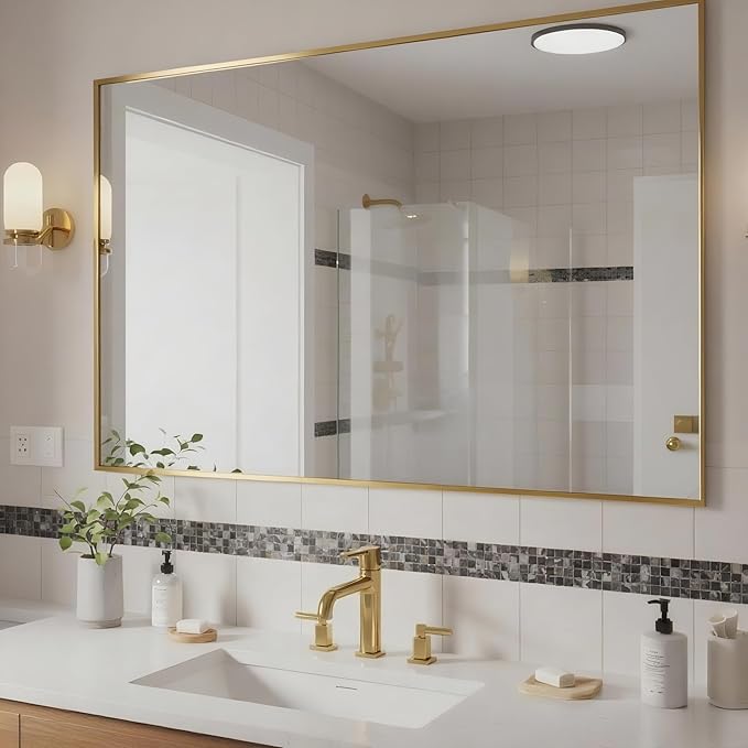 24x40 Inch Brass Bathroom Mirror for Wall, Aluminum Frame Rectangle Rectangular Vanity Mirror, Modern Large for Bedroom, Living Room, Horizontal or Vertical-StrideForce Fitness