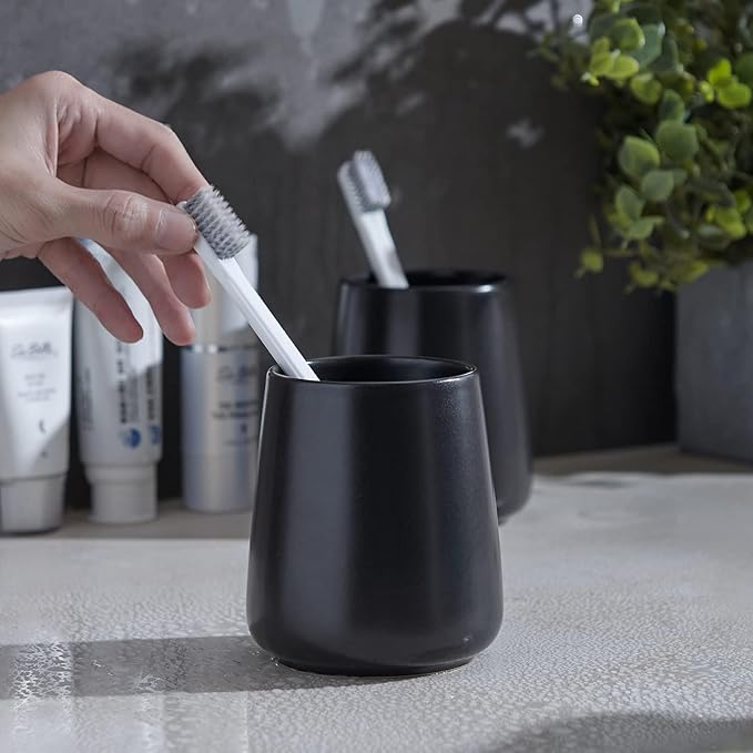 Black Toothbrush Holder for Bathroom - Ceramic Tooth Brushing Holders, Toothpaste Holder, Reusable Toothbrush Mouthwash Cup, Space-Saving Design for Bathroom Countertop