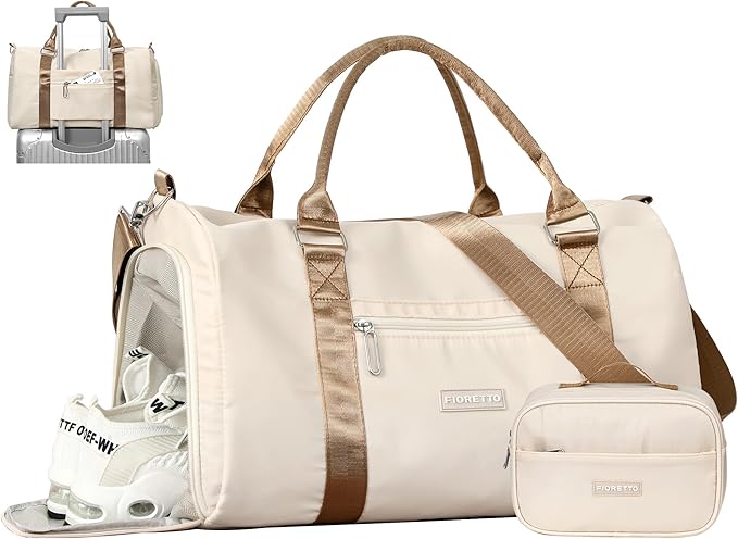 FIORETTO Womens Gym Tote Duffle Bag with Toiletry Bag, Sports Duffel Overnight Hospital Workout Carry on Bag for Girls with Wet Pocket & Shoe Compartment, Ideal for Travel, Swimming, Beige & Brown-StrideForce Fitness