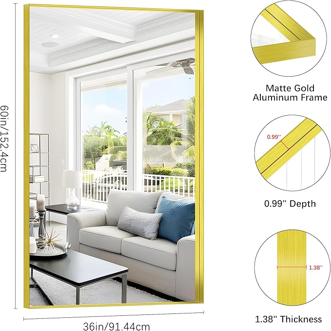 Gold Bathroom Mirror, 36x60 Inch Rectangular Deep Frame Mirror, Large Wall Mounted Bathroom Vanity Mirror Over Sink for Bedroom,Restroom, Living Room, Hangs Vertically or Horizontally-StrideForce Fitness