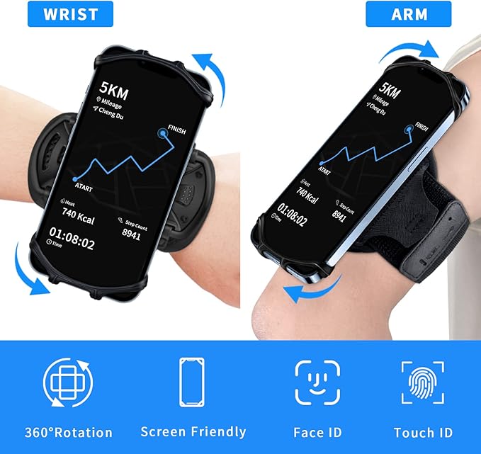 Running Phone Holder Armband for Phone, Detachable & 360°Rotated Sports Armband with Key Pocket for iPhone 16/15/14/13 Pro/12 Pro/XS/XR/8/7/6s Plus, for Samsung Galaxy 4''-6.5'' Cellphone-StrideForce Fitness