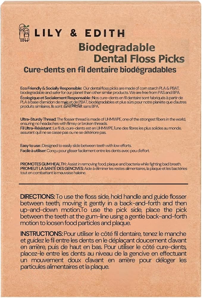 LILY & EDITH Biodegradable Dental Floss Picks Adults and Kids 300 Counts, Fluoride-Free, Plant Based Straw Wheat Material, Planet Protector, Zero Waste Package, Shred Resistant (Chocolate)