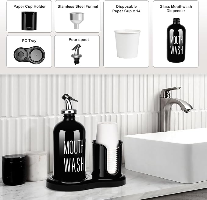 Glass Mouthwash Dispenser with Cup Holder,BYAWAY Mouthwash Set for Bathroom,16 OZ Refillable Mouthwash Bottle Container with 14 Mouthwash Cups,Funnel (Black)