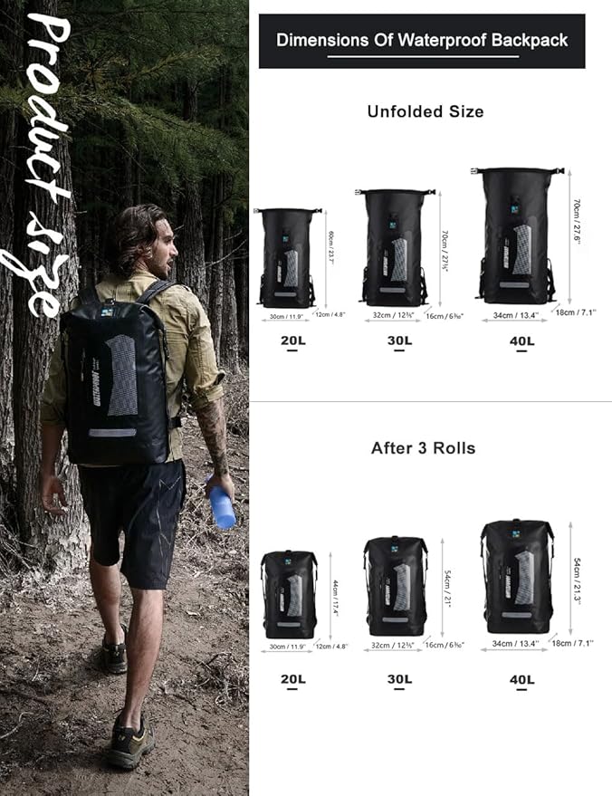 IDRYBAG Waterproof Backpack for Men 20L/30L/40L, Floating Dry Bag Kayak, Dry Backpack Hiking-StrideForce Fitness