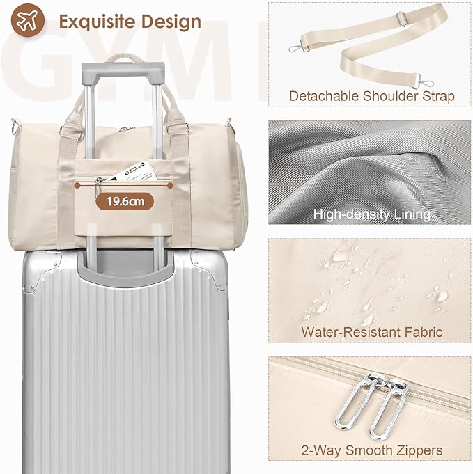 FIORETTO Womens Gym Tote Duffle Bag with Toiletry Bag, Sports Duffel Overnight Hospital Workout Carry on Bag for Girls with Wet Pocket & Shoe Compartment, Ideal for Travel, Swimming, Dance Beige-StrideForce Fitness