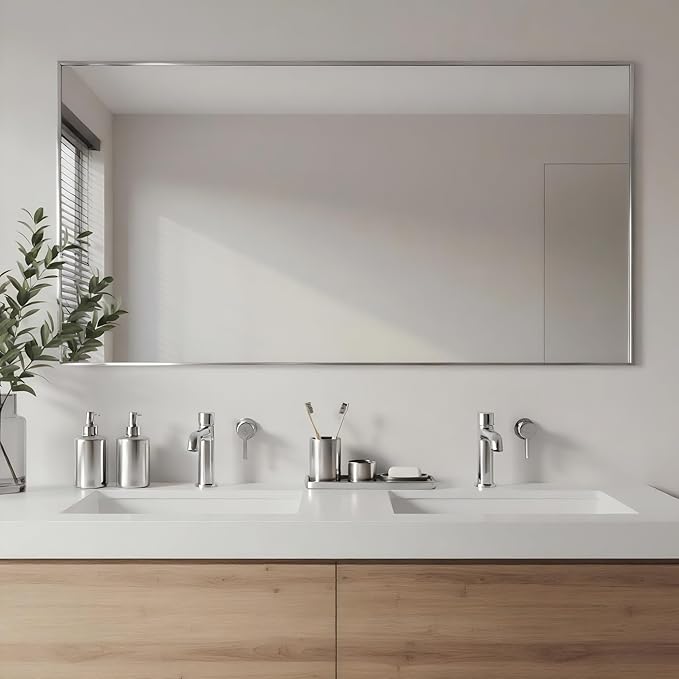 20x40 Inch Nickel Bathroom Mirror for Wall, Aluminum Frame Rectangle Rectangular Vanity Mirror, Modern Large for Bedroom, Living Room, Horizontal or Vertical-StrideForce Fitness