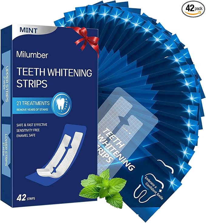 Teeth Whitening Strips for Sensitive, 42 Strips Whitener Safe Whitestrip, Deep Stains Removal Tooth Whitening, Enamel Safe Non-Slip Dry Strip Technology for Whiter Teeth, Mint