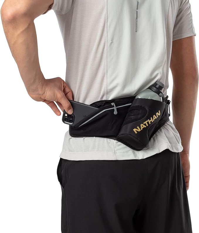 Nathan Peak Running Hydration Waist Pack Belt w/ Speed Draw Flask Water Bottle, 18oz/535 ml Push/Pull Race Cap, Expandable Zippered Stretch Pocket-StrideForce Fitness
