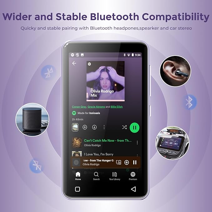innioasis 80GB MP3 Player with Bluetooth and WiFi, MP3 Player for Kids with Spotify, Spotify Kids, Pandora, Audible, 4.0" Touch Screen Music Player with Parental Controls, Up to 1TB (White+ Purple)-StrideForce Fitness