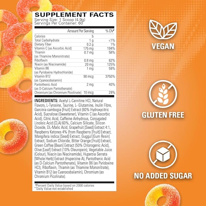 EHP Labs OxyShred Pre Workout Powder - Preworkout Powder with L Glutamine & Acetyl L Carnitine, Energy Boost Drink - Peach Candy Rings, 60 Servings-StrideForce Fitness