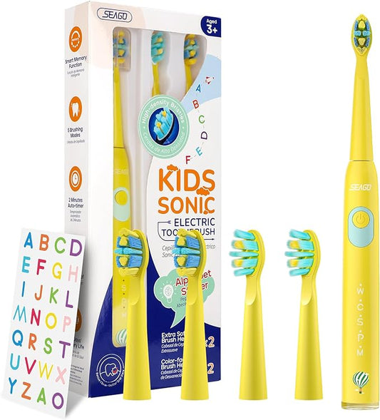 SEAGO Kids Electric Toothbrush, Sonic Soft Bristle Rechargeable Toothbrushes with DIY Stickers, 5 Modes, Includes 4 Replacement Brush Heads, Ages 3 to 12 Years Old (Yellow)