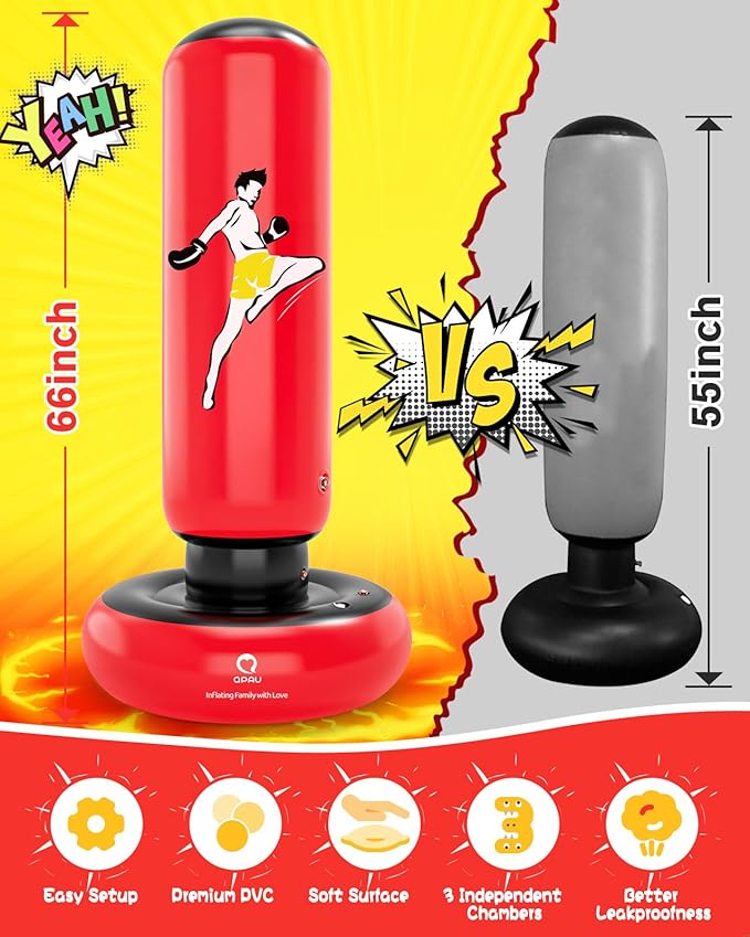 QPAU Kids Punching Bag Toy with Boxing Gloves, 66 Inch Larger Stable Kids Inflatable Boxing Bag Set, Gifts for Boys & Girls Age 6-12, for Practicing Karate, Taekwondo, MMA-StrideForce Fitness