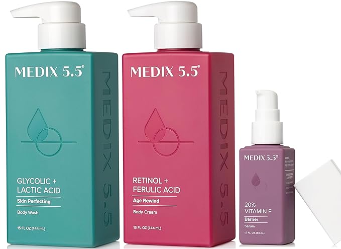 MEDIX Anti Aging Skin Care 3PC Set | Retinol Body Cream + Exfoliating AHA Glycolic Acid Foaming Face & Body Wash + Vitamin F Booster Serum, Wash + Treat + Hydrate Skincare Set-StrideForce Fitness