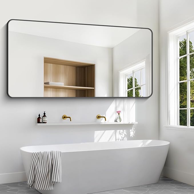 72x36 inch Large Bathroom Mirror,Black Rectangle Mirror,Wall Mounted Bathroom Frame Vanity Mirror with Round Corner for Bedroom Living Room,Entryway Hangs Horizontal or Vertical-StrideForce Fitness