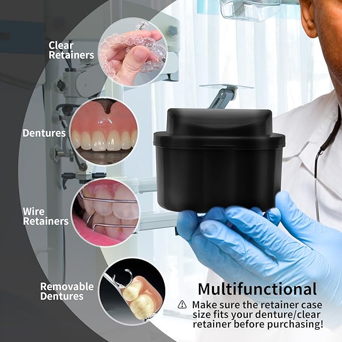 Annhua Denture Cup Retainer Cleaning Case Denture Soaking Container With Strainer Basket, Denture Cups For Soaking Dentures Mouthguard Storage Holder - Black