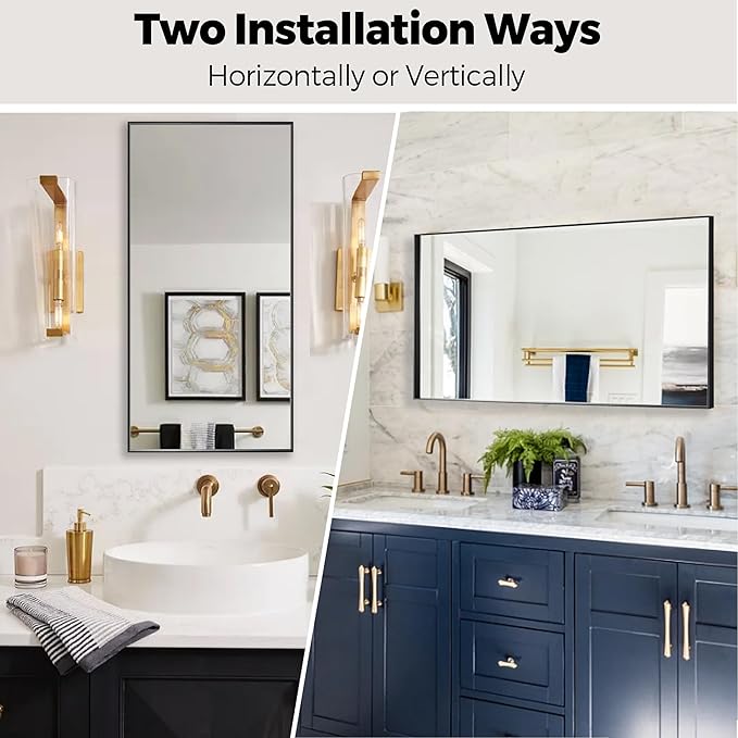 20x40 Inch Black Bathroom Mirror for Wall, Aluminum Frame Rectangle Rectangular Vanity Mirror, Modern Large for Bedroom, Living Room, Horizontal or Vertical-StrideForce Fitness