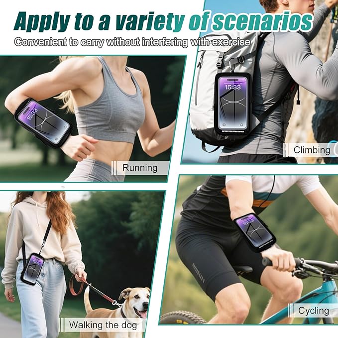 Phone Holder for Running, Running Armband Phone Holder with Carabiner, Phone Armbands for iPhone 16 15 14 13 12 11Pro Max & Galaxy S25/S24/S23, Cell Phone Armband Up to 6.8'' Phone (Black)-StrideForce Fitness
