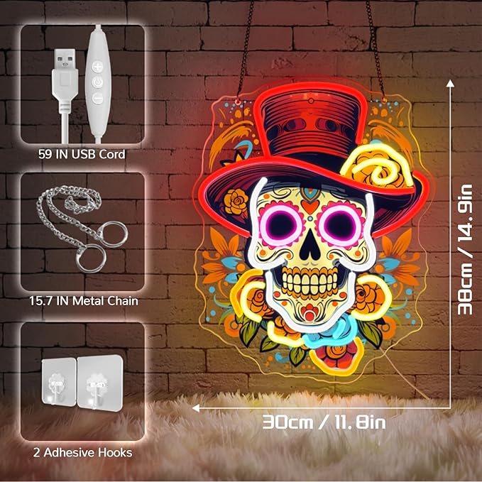 Day of the Dead Neon Sign - Mexican Sugar Skull LED Neon Light for Home & Bar Decor,UV Printed Art with Flexible LED Strip,Halloween & Día de Muertos Party Decoration (Red）-StrideForce Fitness