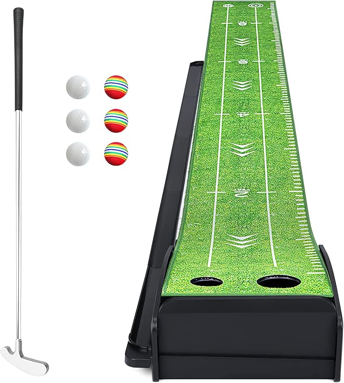 Golf Putting Green Mat with Putter and 6 Balls, Putting Practice Mat with Auto Ball Return for Home, Office, Backyard, Indoor, Outdoor Use-StrideForce Fitness