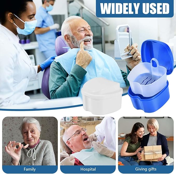 2 Pack Denture Bath Case Cup Box Holder Storage Container with Denture Cleaner Brush Strainer Basket for Travel Cleaning (White and Blue)