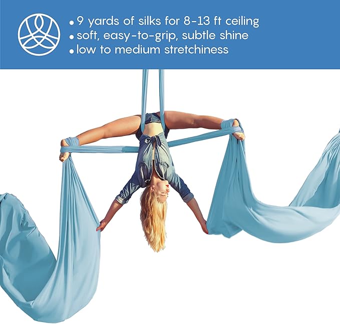 Aerial Silks Starter Kit - Durable 9 Yards of Aerial Yoga Hammock with Hardware & Guide - Aerial Swing for Acrobatic Flying Yoga & All Levels (Aerial Rigging Point Up to 13ft)-StrideForce Fitness
