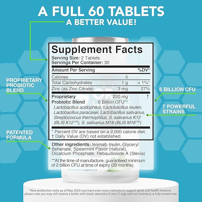 Oral Probiotics for Mouth Bad Breath Treatment for Adults; Dentist Formulated Dental Probiotics for Teeth and Gums Health & Chronic Halitosis with BLIS K12 M18, 60 Chewable Oral Health Tablets Mint