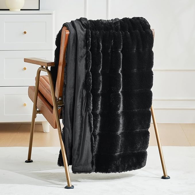 Cozy Bliss Faux Fur Throw Blanket for Couch, Cozy Warm Plush Striped Blanket for Sofa Bedroom Living Room, Black-StrideForce Fitness