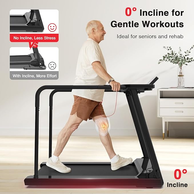 Redliro Treadmill for Seniors with Long Handrails - Recovery Machine for Walking 300 lbs Weight Capacity - Walking Treadmill Elderly with Desk & Cup Holder (Glossy Black)-StrideForce Fitness