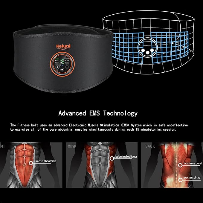 Abs Stimulator Belt-FDA Cleared EMS Massager Abdominal Toining Fitness Belt without GEL SHEET Tactical Abs Power Muscle Toner Workout Men Women & Bodybuilders USB Rechargeable Black KLT-07-StrideForce Fitness