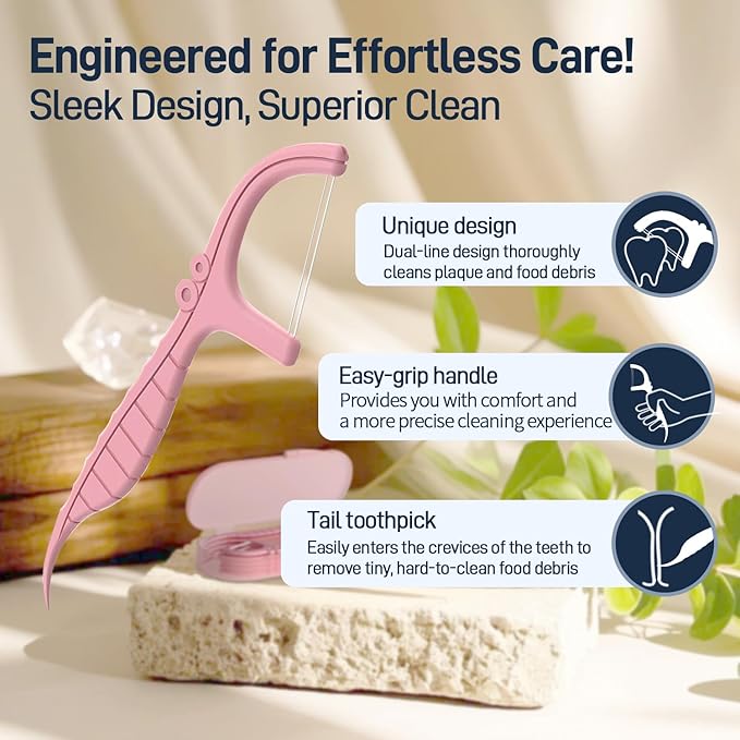 Holy Rose Pink Dental Floss Picks with Micro Travel Case - 5-Box Pack (10 Double String Flossers Each) - Easy Teeth Clean for Adults, Perfect for Home and On-The-Go Flossing