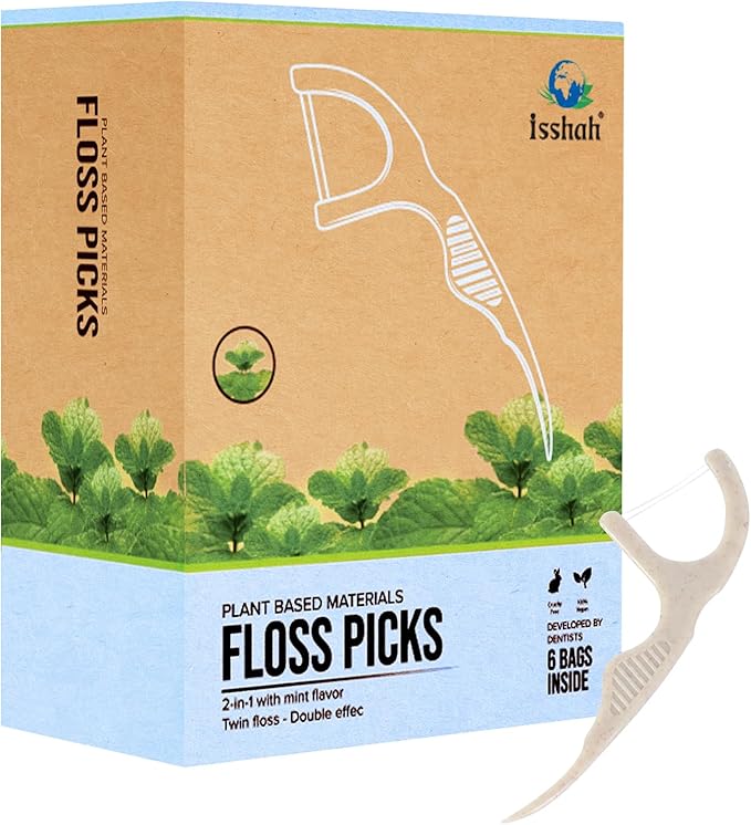 Plant Based Dental Floss Picks (300 Count) - Freshlock EcoPouch, Plant Based, Vegan, Eco Friendly, Sustainable Dental Flossers - Twin Floss (Mint)