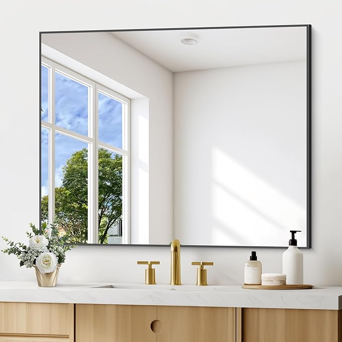 Black Bathroom Mirror for Wall, 30x36 Inch Rectangle Mirrors with Metal Frame, Modern Vanity Wall Mirror Decor for Entryway Hangs, Bathroom Living Room Horizontal or Vertical-StrideForce Fitness