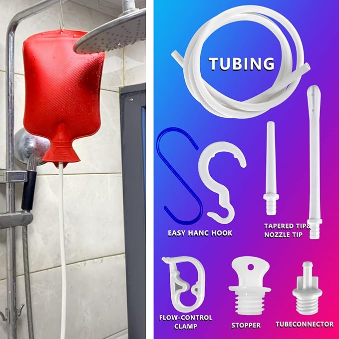 2L Home Enema Bag Kit with 2 Tips, 60 Inch Silicone Hose, Controlable Flow Valve, Hot-Water Bottle for Colon Cleansing (Red)-StrideForce Fitness